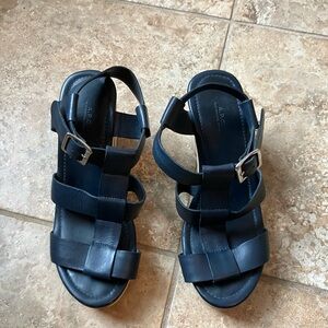 A.P.C. Navy Leather Buckle Sandals, Block Wood Platform Heel